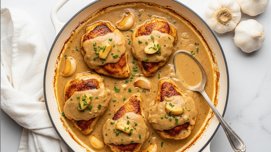 A round white pan filled with five pieces of browned chicken covered in a thick, creamy light brown sauce with visible herbs and whole garlic cloves spread around. A silver spoon rests partially in the sauce on the right side of the pan, slightly lifting the sauce. Tiny green herb bits are sprinkled over the top. The pan is placed on a white marbled surface with a soft white cloth nearby and three whole garlic bulbs in the top right corner. photo taken with an iphone --ar 4:5 --v 7
