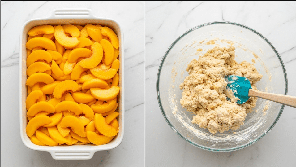 The image shows two parts of making a peach dessert. On the left side, there is a white rectangular dish filled with many slices of bright yellow-orange peaches neatly layered, covering the bottom evenly. On the right side, there is a clear glass bowl with rough, pale dough inside, mixed together with a teal spatula resting in it. Both items are placed on a white marbled surface. photo taken with an iphone --ar 4:5 --v 7