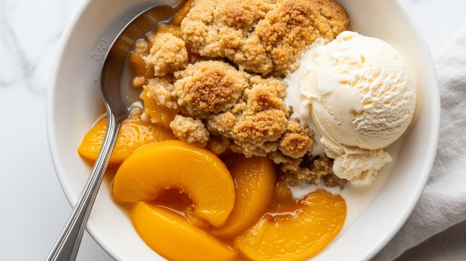 A white bowl holding a warm peach cobbler with a golden brown crumbly top layer and soft, juicy peach slices underneath that are bright orange-yellow with a glossy syrup. A scoop of vanilla ice cream with a smooth, creamy texture sits on the right side, slightly melting into the cobbler. A silver spoon rests inside the bowl, partly under the cobbler and ice cream. The bowl is placed on a white marbled surface with a light cloth nearby. photo taken with an iphone --ar 4:5 --v 7