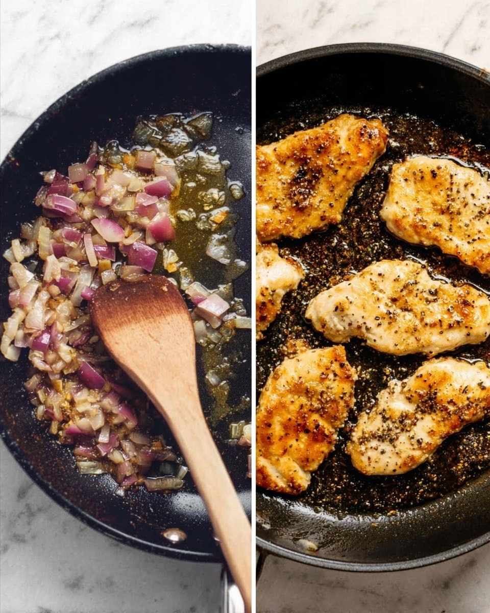 The image shows two side-by-side shots of a black frying pan on a white marbled surface. On the left side, the pan contains small, light brown and purple pieces of chopped onions sautéing in melted butter, with a wooden spatula stirring them. On the right side, the same pan holds four golden-brown cooked chicken pieces frying in hot oil, each piece showing a slightly crispy texture and sprinkled with black pepper. The chicken pieces are arranged closely but not overlapping. Photo taken with an iphone --ar 4:5 --v 7