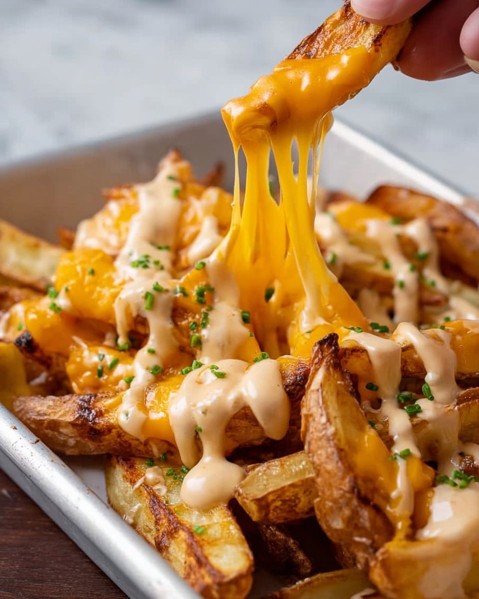 A close-up of a rectangular metal tray filled with three layers: the bottom layer is golden potato wedges, the middle layer consists of browned chicken pieces, and the top layer is melted yellow and white cheese spread unevenly. There is a pale cream sauce drizzled in a crisscross pattern over the whole dish, sprinkled with small green herbs. A metal spatula is partially under the food with some pieces on it. The tray sits on a white marbled surface. photo taken with an iphone --ar 4:5 --v 7