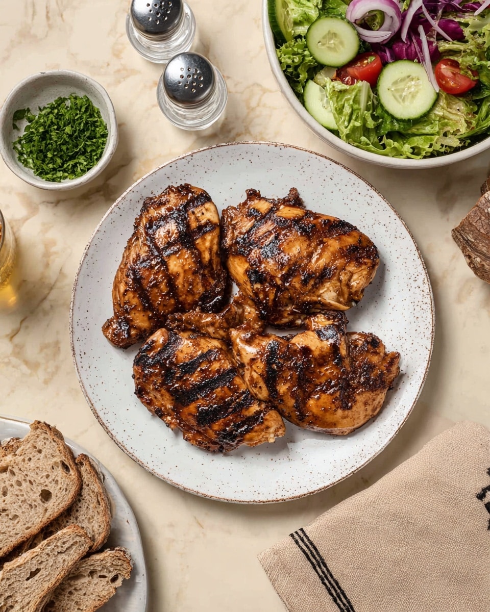 A white speckled round plate holds four grilled chicken pieces, each with dark grill marks and a shiny, caramelized surface arranged in a slightly circular pattern. To the top right, a white bowl contains a fresh salad layered with green and purple lettuce, slices of cucumber, red bell pepper pieces, and rings of purple onion. Above the main plate, two small clear salt and pepper shakers sit side by side. To the left, a small white bowl contains chopped green herbs. At the bottom left corner, part of a white plate shows several slices of seeded bread. The whole scene rests on a white marbled surface with a beige napkin with black stitching visible in the bottom right area. Photo taken with an iphone --ar 4:5 --v 7