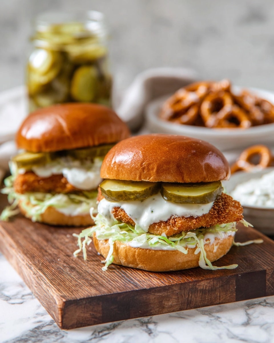 Two sandwiches sit on a wooden board on a white marbled surface. Each sandwich has a soft, shiny golden top bun. Underneath, there are bright green pickle slices and a white creamy sauce resting on a crispy, brown fried layer. Beneath the fried layer is thin, shredded pale green lettuce, and a small amount of white sauce spreads on the bottom bun. In the background, a jar filled with more pickle slices and a white bowl with small pretzels are softly blurred. Photo taken with an iphone --ar 4:5 --v 7