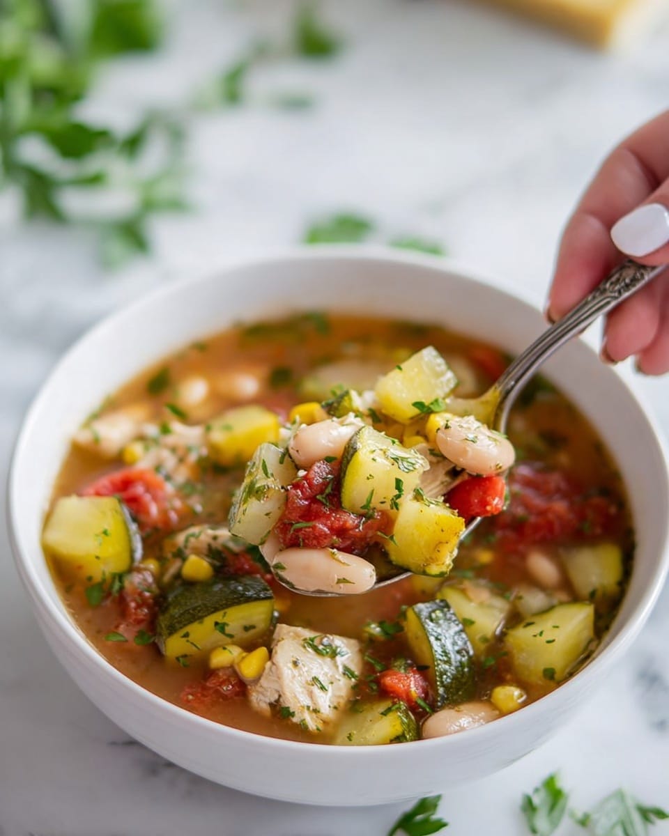 A large red pot filled with soup that has many visible ingredients like small chunks of white meat, yellow squash slices, green zucchini chunks, white beans, yellow corn kernels, and red tomato pieces, all mixed in a light brown broth with herbs and small green garnishes on top. Next to the pot, there is a white bowl also filled with the same soup showing the same colorful ingredients. The pot and bowl are set on a white marbled surface, with a white cloth featuring a blue stripe and a small green herb sprig beside them. Photo taken with an iphone --ar 4:5 --v 7