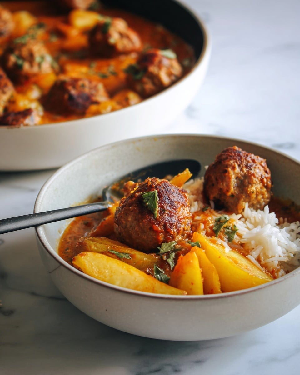 A bowl with three layers is shown: the bottom layer is white cooked rice with soft grains, the middle layer has yellow-orange potato wedges with a smooth texture, and the top layer contains round, browned meatballs with a slightly crispy surface, garnished with small green herb pieces. The bowl is white and behind it, a shallow white pan is filled with more potatoes and meatballs in a thick orange sauce. The scene is set on a white marbled surface with soft natural light, and a black spoon rests inside the bowl. Photo taken with an iphone --ar 4:5 --v 7