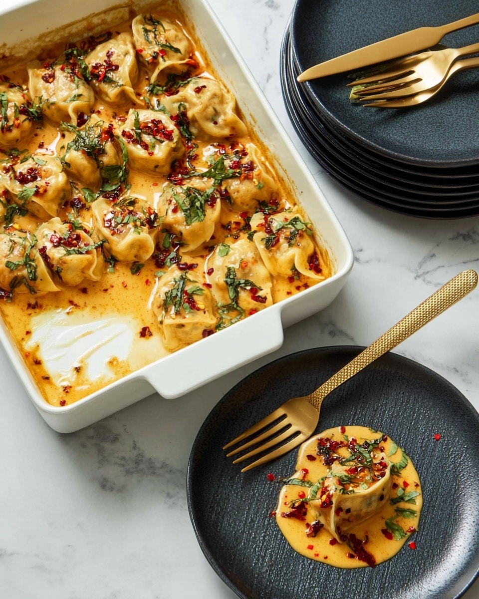 A white rectangular baking dish filled with folded pasta shells in a creamy orange sauce sprinkled with dark green herbs and small red chili flakes, with the shells arranged neatly in rows and partially submerged in the sauce, some sauce pooling around the edges. In front, a small black plate holds a single shell covered in the same creamy sauce, topped with red chili flakes and chopped green herbs, beside a gold textured fork resting on the plate. All items are placed on a white marbled surface, with a stack of dark plates and two gold forks in the background. Photo taken with an iphone --ar 4:5 --v 7