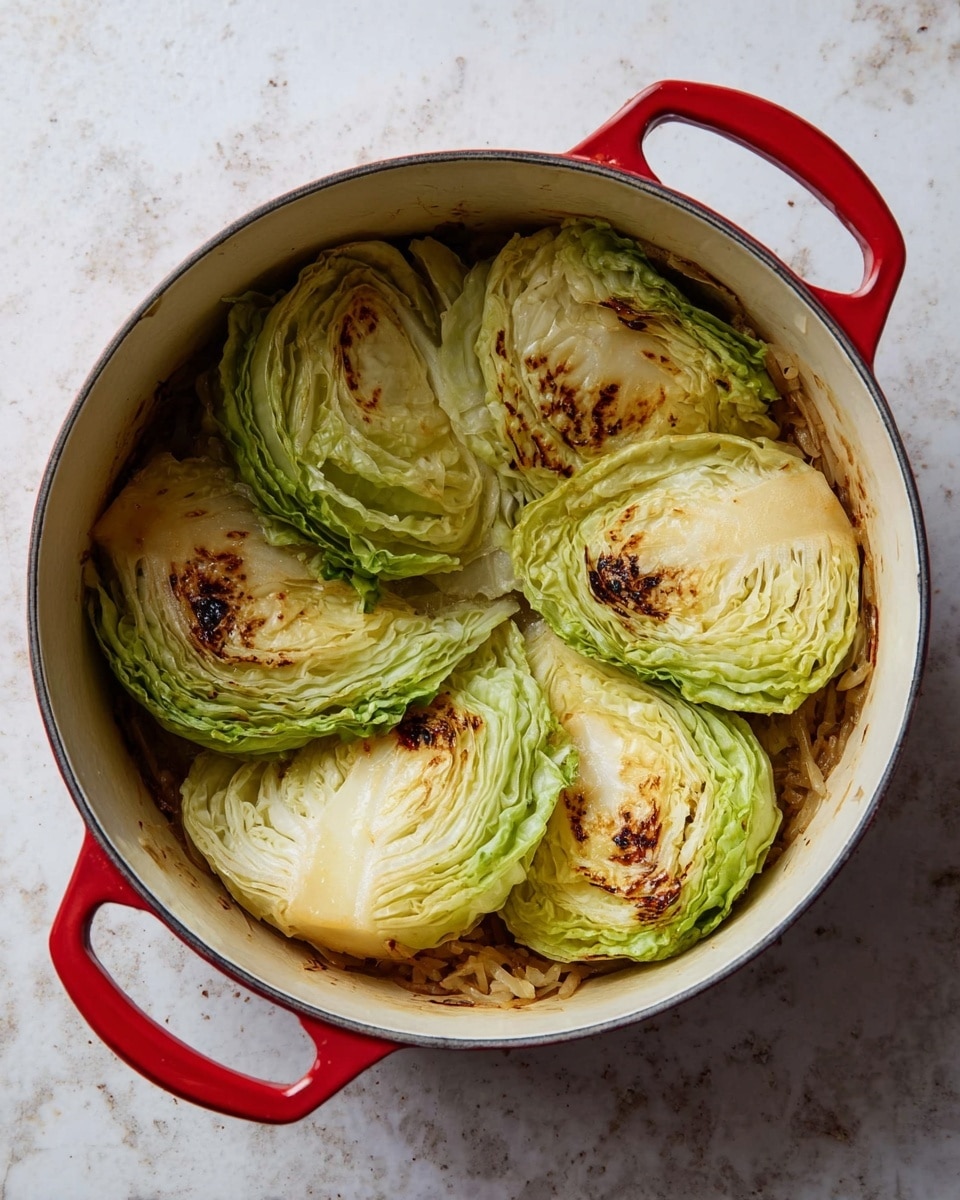 A large round white pot with red handles holds six thick wedges of cooked cabbage arranged in a circle, layers showing bright green outer leaves fading to pale yellow and white inner leaves, with some light browning and grill marks on the top surfaces. The cabbage wedges rest on a base of slightly browned onions or caramelized bits, giving a textured golden-brown bottom layer visible between the cabbage pieces. The pot sits on a white marbled surface, and the overall look is warm and rustic. photo taken with an iphone --ar 4:5 --v 7