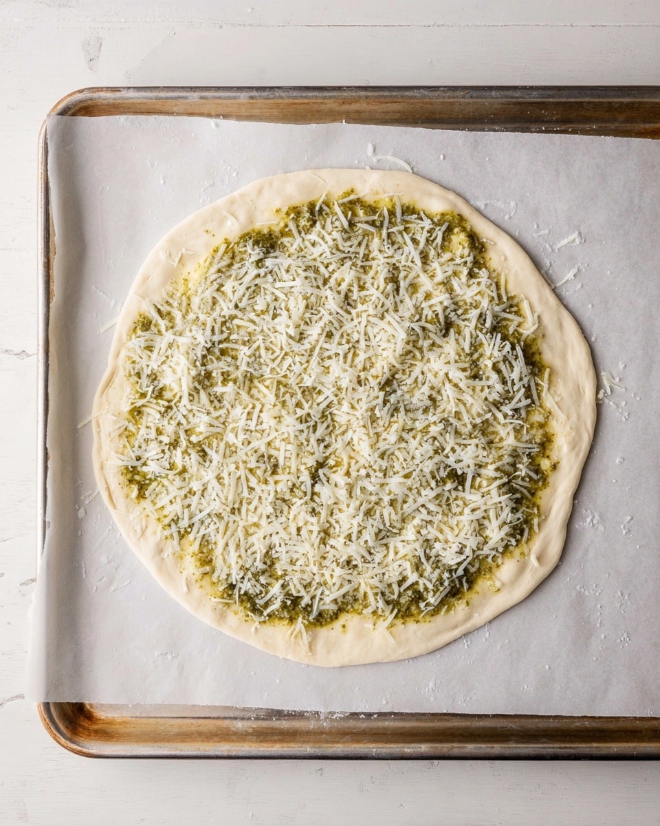 A round flat dough base lies on white parchment paper on a metal baking tray. The dough is pale cream in color with a slightly uneven edge. Over the dough, there is a spread of greenish pesto sauce, covering most of the surface but leaving a thin border around the edge. On top of the pesto, there is a generous layer of finely grated white cheese scattered evenly across the entire round shape. The baking tray and parchment paper sit on a white marbled surface. photo taken with an iphone --ar 4:5 --v 7