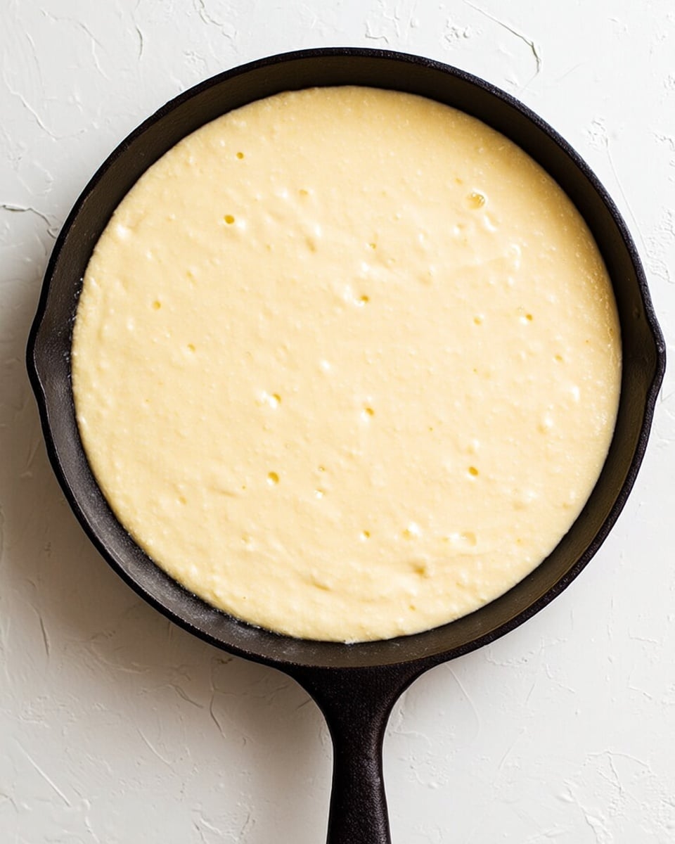 A black cast iron skillet filled with a smooth, pale yellow batter that covers the entire pan evenly, with a few small bubbles visible on the surface, sitting on a white marbled texture background. The skillet handle is pointing to the lower left side, and the batter has a slightly thick and creamy texture. photo taken with an iphone --ar 4:5 --v 7