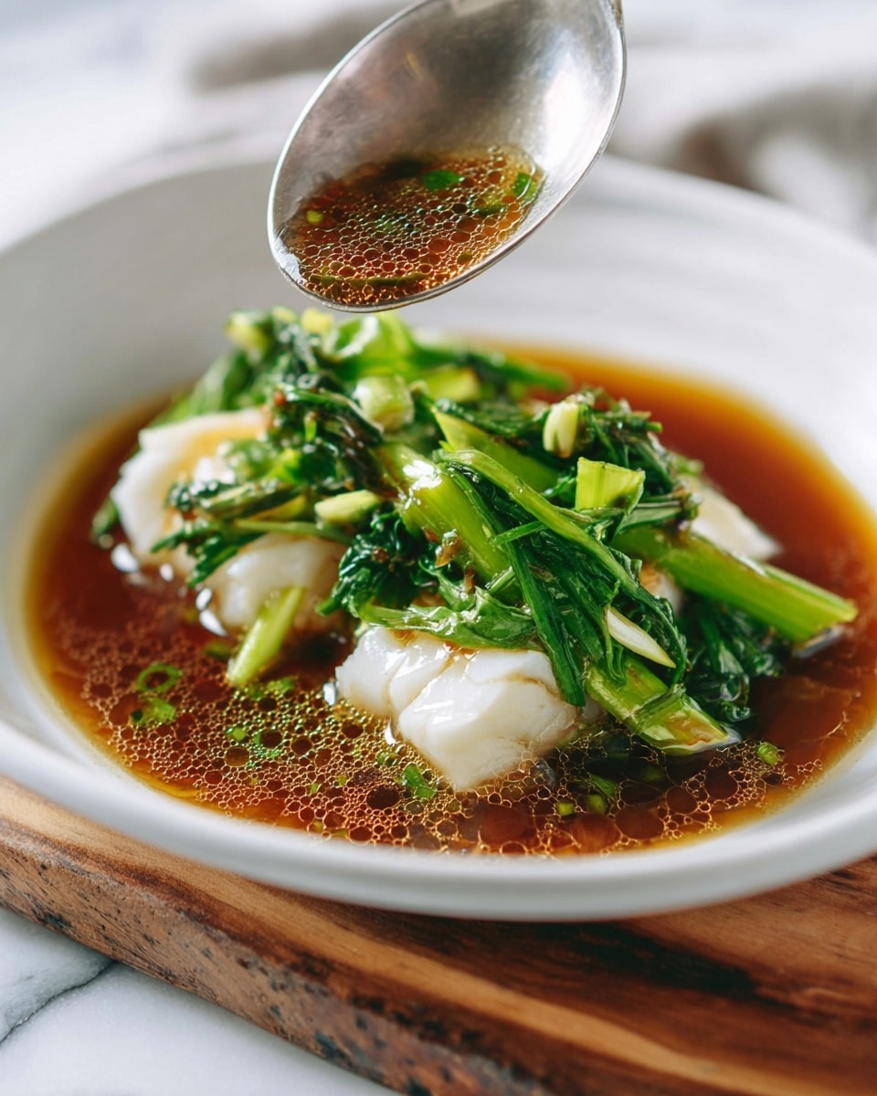 A white shallow bowl contains two pieces of white fish layered with bright green leafy vegetables and green stems on top. The fish and greens sit in a pool of brown sauce with visible bubbles and oil sheen, adding glistening texture. A metal spoon is held above the bowl, pouring the sauce gently over the fish and greens. The bowl is placed on a wooden board with a white marbled surface underneath, and there is soft natural light highlighting the fresh, moist look of the dish. photo taken with an iphone --ar 4:5 --v 7