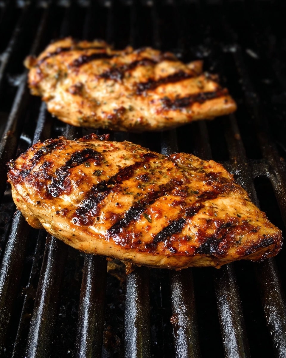 Two grilled chicken pieces are placed on dark grill bars with clear black char marks running diagonally across each piece. The chicken is golden brown with darker seared edges, showing a slightly shiny, cooked surface with visible seasoning bits. The grill has a rough texture, with the chicken sitting close to the heat for a well-cooked look. photo taken with an iphone --ar 4:5 --v 7