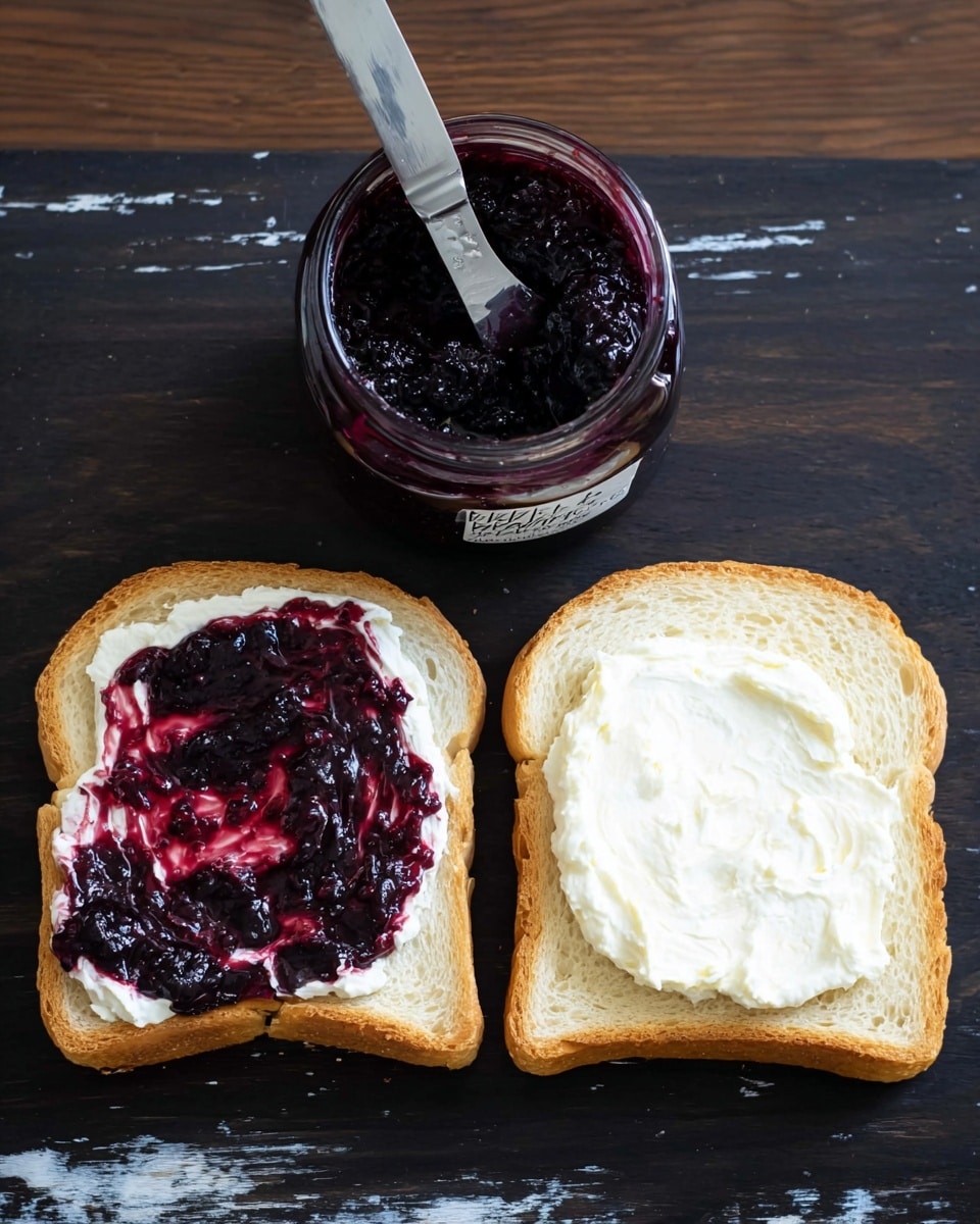 The image shows two slices of white bread placed on a dark wooden surface with a white marbled texture visible at the edges. The left slice has one base layer of white cream spread thickly, and a second layer of dark purple berry jam swirled on top, showing a mix of smooth and chunky textures with glossy highlights. The right slice has a single top layer of white cream spread evenly across the surface. Above the slices, there is a jar of dark purple berry jam with a silver knife inside it, the jar partially full and labeled. Photo taken with an iphone --ar 4:5 --v 7
