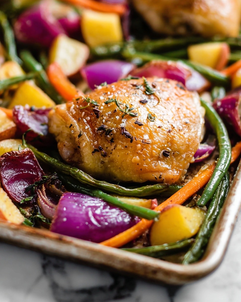 The image shows a close-up of a roasted chicken thigh with golden brown, slightly shiny skin sprinkled with black pepper and small herbs, sitting on a layer of mixed roasted vegetables. The vegetables include green beans, orange carrot sticks, purple onion wedges, red potato chunks, and yellow squash strips, all arranged on a white metal baking tray. The background is a white marbled surface, giving a clean and bright look. The focus is on the chicken, with the vegetables softly blurred around it, showing their varied textures and colors. Photo taken with an iphone --ar 4:5 --v 7
