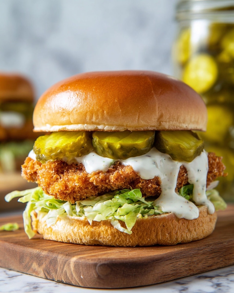 This image shows a sandwich with three main layers on a soft, shiny, golden brown bun. The bottom layer is a toasted bun with a few ruffled strips of light green lettuce and a spread of creamy white sauce. Above that sits a thick, crispy, golden-brown fried patty with a crunchy texture. On top of the patty are several slices of bright green pickles layered unevenly with more creamy white sauce dolloped over them. The sandwich is placed on a wooden board with a white marbled textured background, and a jar filled with pickles is blurred in the back. photo taken with an iphone --ar 4:5 --v 7