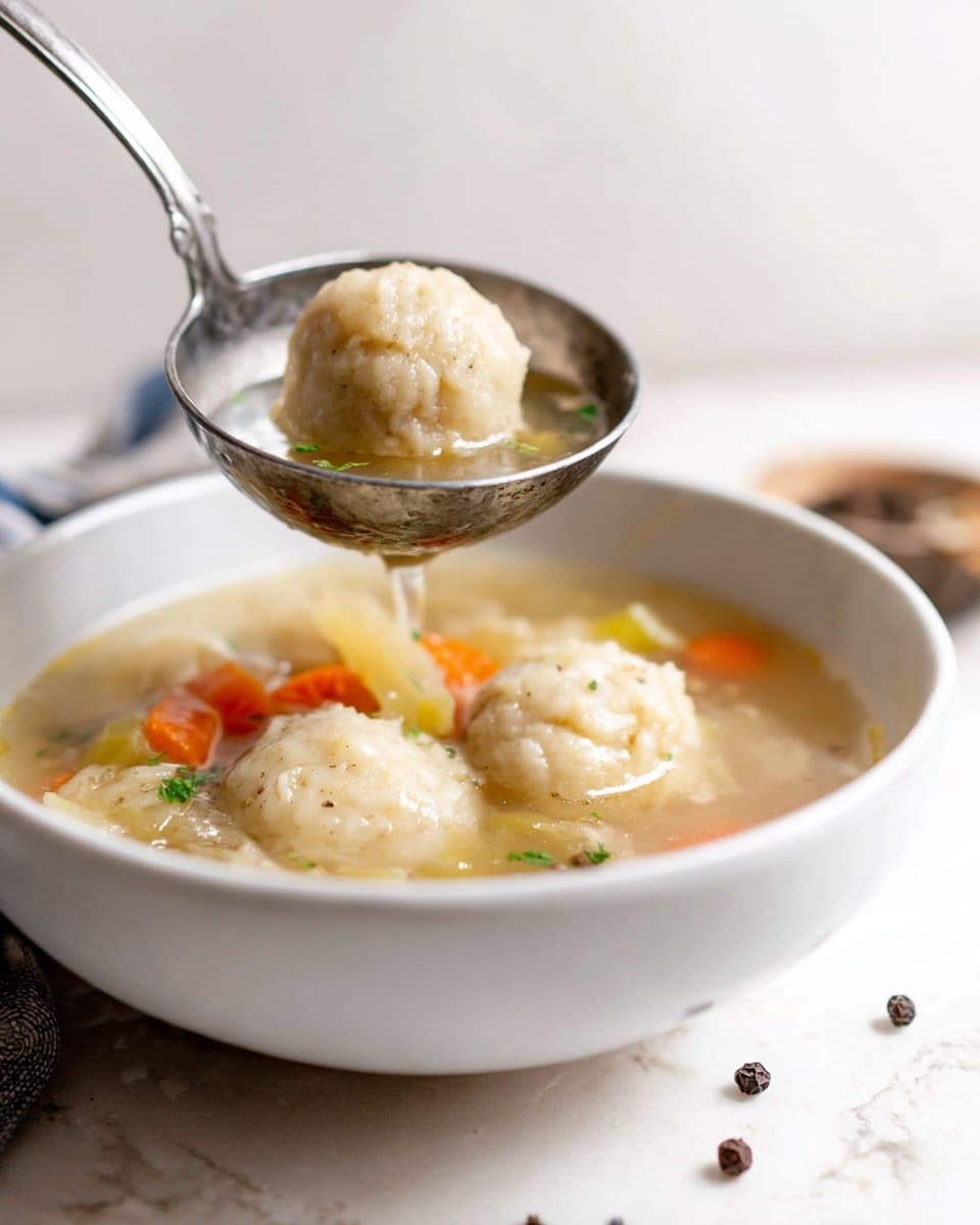 A close-up view of a white bowl filled with light, clear soup holding three pale, round dumplings with rough texture floating in it. The soup also shows pieces of soft orange carrot slices and small bits of green celery. Above the bowl, a metal ladle lifts one dumpling with some broth dripping back into the bowl. The background and surface are white with a marbled texture, with a few black peppercorns scattered nearby. Photo taken with an iphone --ar 4:5 --v 7