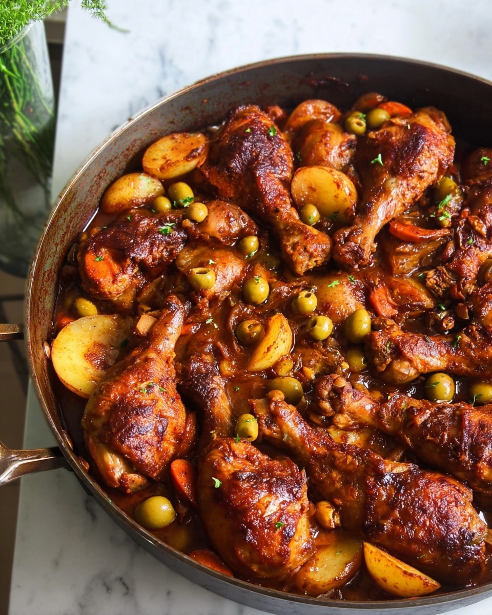 The dish is served in a deep, dark pan filled with many chicken drumsticks layered evenly on top. The drumsticks are cooked in a rich, dark reddish-brown sauce, giving them a glossy and well-spiced look. Mixed in between the chicken are soft, sliced potatoes showing a golden yellow color and a few pieces of reddish-orange carrots, adding some brightness to the dish. Scattered on top and around the meat and vegetables are small, green olives that add texture and contrast. The pan sits on a white marbled surface with some blurred greenery in the background, adding a fresh feel to the image. Photo taken with an iphone --ar 4:5 --v 7
