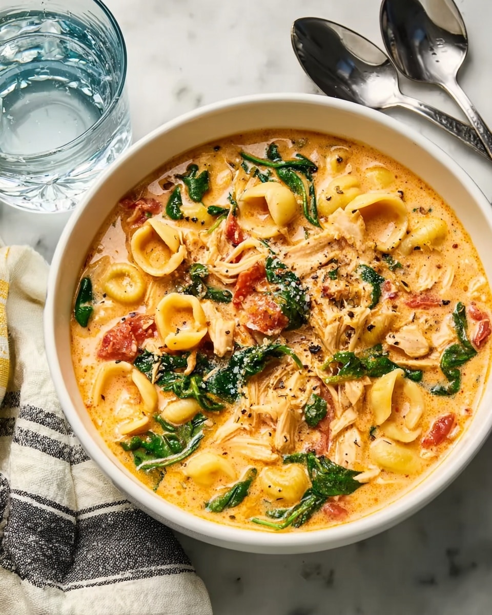 A white bowl filled with creamy soup showing three main layers: a light orange creamy broth as the base, small light beige pasta shells scattered in the broth, and wilted dark green spinach leaves mixed with shredded pale chicken pieces on top. Some chunks of red tomato add color, making the dish look rich and creamy. The bowl is placed on a white marbled surface next to a glass of water and a striped cloth with two silver spoons. Photo taken with an iphone --ar 4:5 --v 7