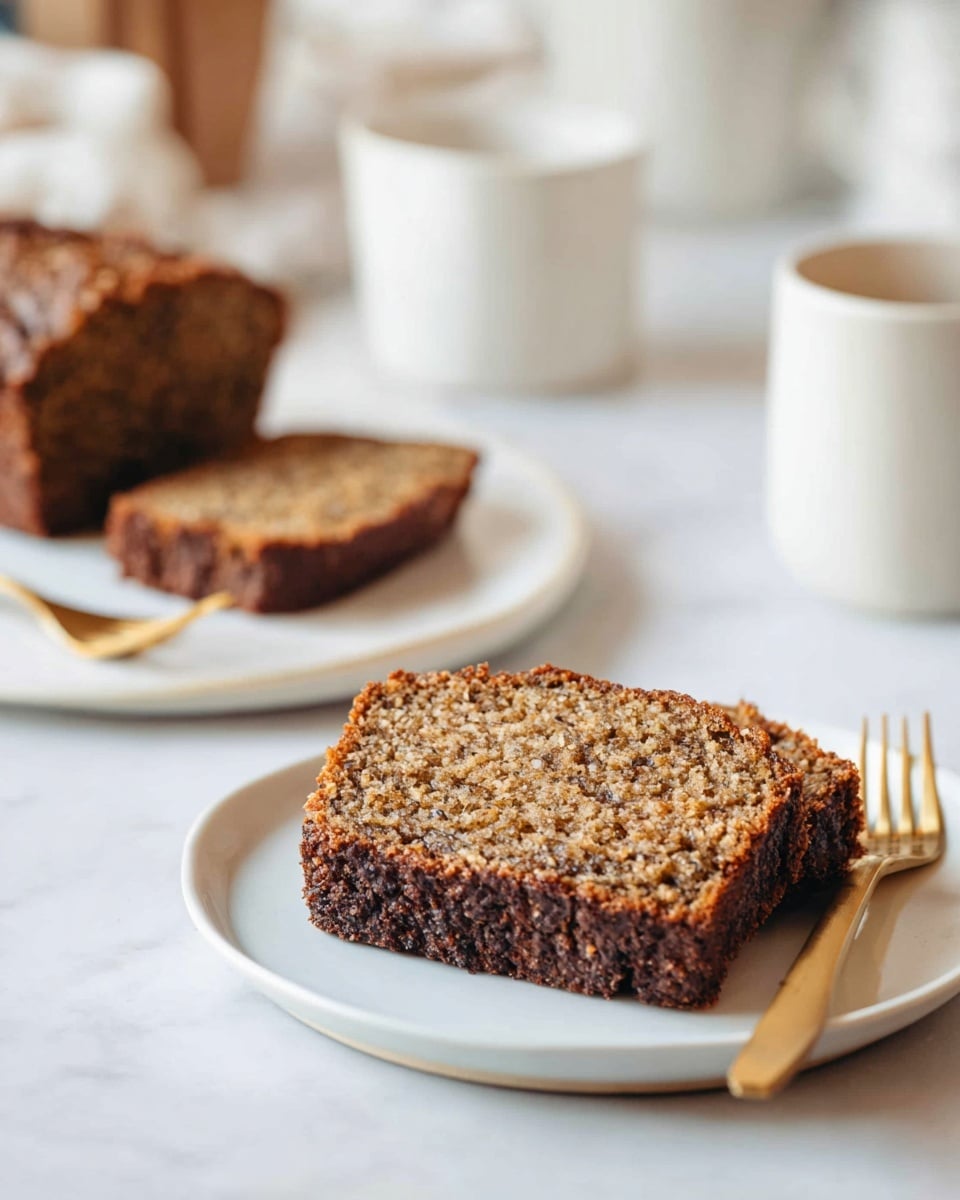 Two slices of brown banana bread with a textured crumb and dark crust are placed on a white plate in the foreground. Behind it, a second white plate holds another slice of banana bread next to a golden fork. There is a white cup to the right and another cup with a blurred background. The scene is set on a white marbled surface with soft natural light. photo taken with an iphone --ar 4:5 --v 7