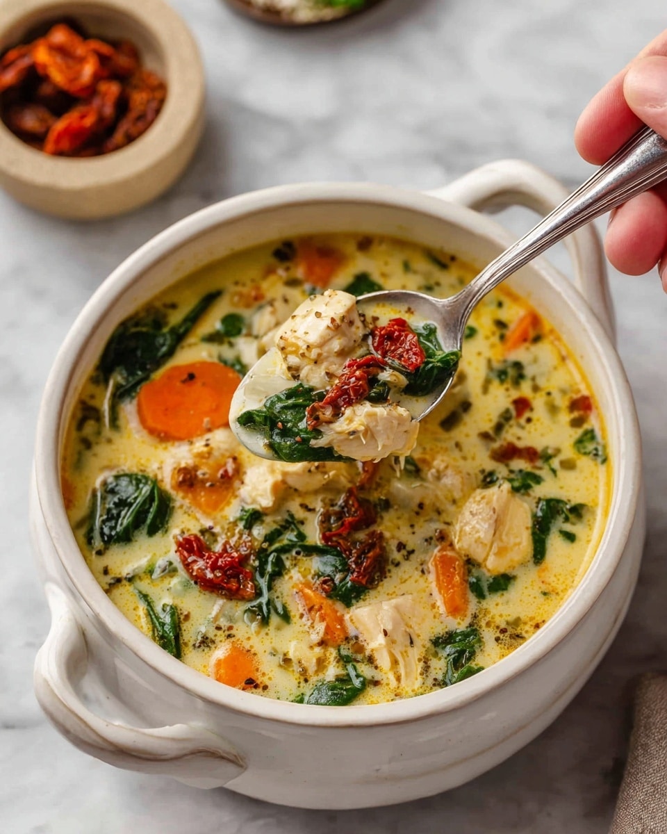 A creamy soup served in a white bowl with two handles, filled with chunks of cooked chicken, bright orange carrot pieces, dark green spinach leaves, and small pieces of sun-dried tomatoes, all mixed in a rich yellowish-white creamy broth with herbs, with a woman's hand holding a silver spoon lifting a spoonful that shows a mix of chicken, spinach, carrot, and tomato against a white marbled surface, with a small beige bowl of sun-dried tomatoes nearby, photo taken with an iphone --ar 4:5 --v 7