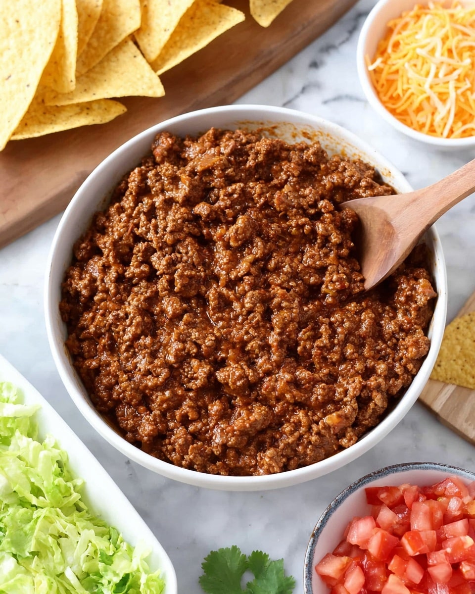 The image shows cooked ground beef mixed with small chopped onions, all coated in a rich brown sauce. The beef has a crumbly texture, spread evenly across the pan, with a wooden spatula partially visible stirring the meat on the right side. The colors are mostly various shades of brown, with small bits of translucent onion pieces mixed in. The background is a white marbled texture. photo taken with an iphone --ar 4:5 --v 7