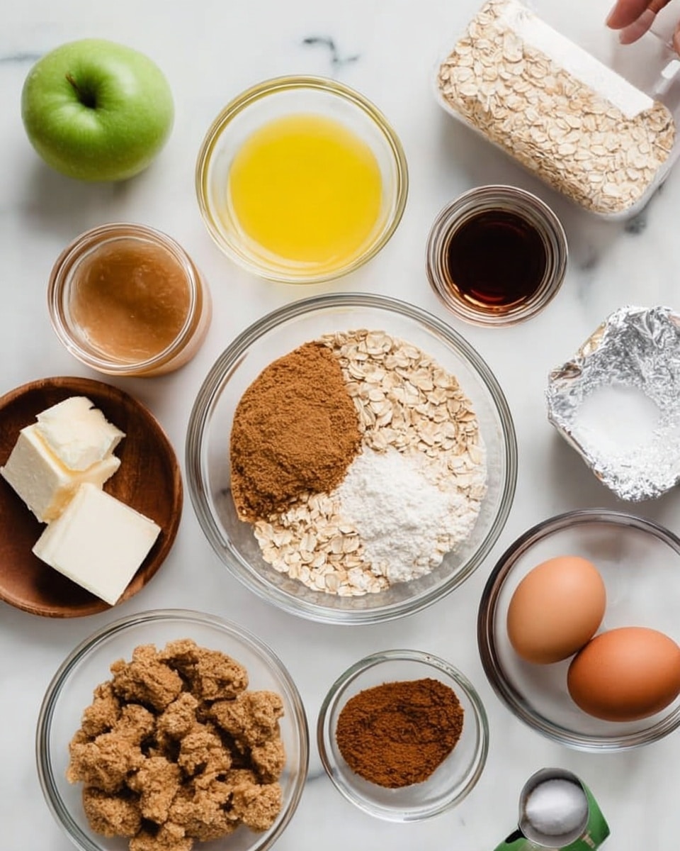 The image shows several clear glass bowls and containers arranged neatly on a white marbled surface with baking ingredients. The center bowl holds three layers: light brown sugar on the left, rolled oats on the right, and a white powder (flour) at the bottom with a small sprinkle of cinnamon. Surrounding this bowl, from top left to bottom right, are a small jar with light brown liquid, a bowl with bright yellow melted butter, a small glass bowl with dark brown vanilla extract, a metal measuring cup filled with white sugar, a small block of cream cheese wrapped in foil, a round wooden bowl holding one brown egg, a clear bowl with light brown crushed or ground crumbs, and a smaller clear bowl with four piles of spices in different brown shades. A green apple is placed near the top left. A woman's hand is reaching towards the mixing. Photo taken with an iphone --ar 4:5 --v 7