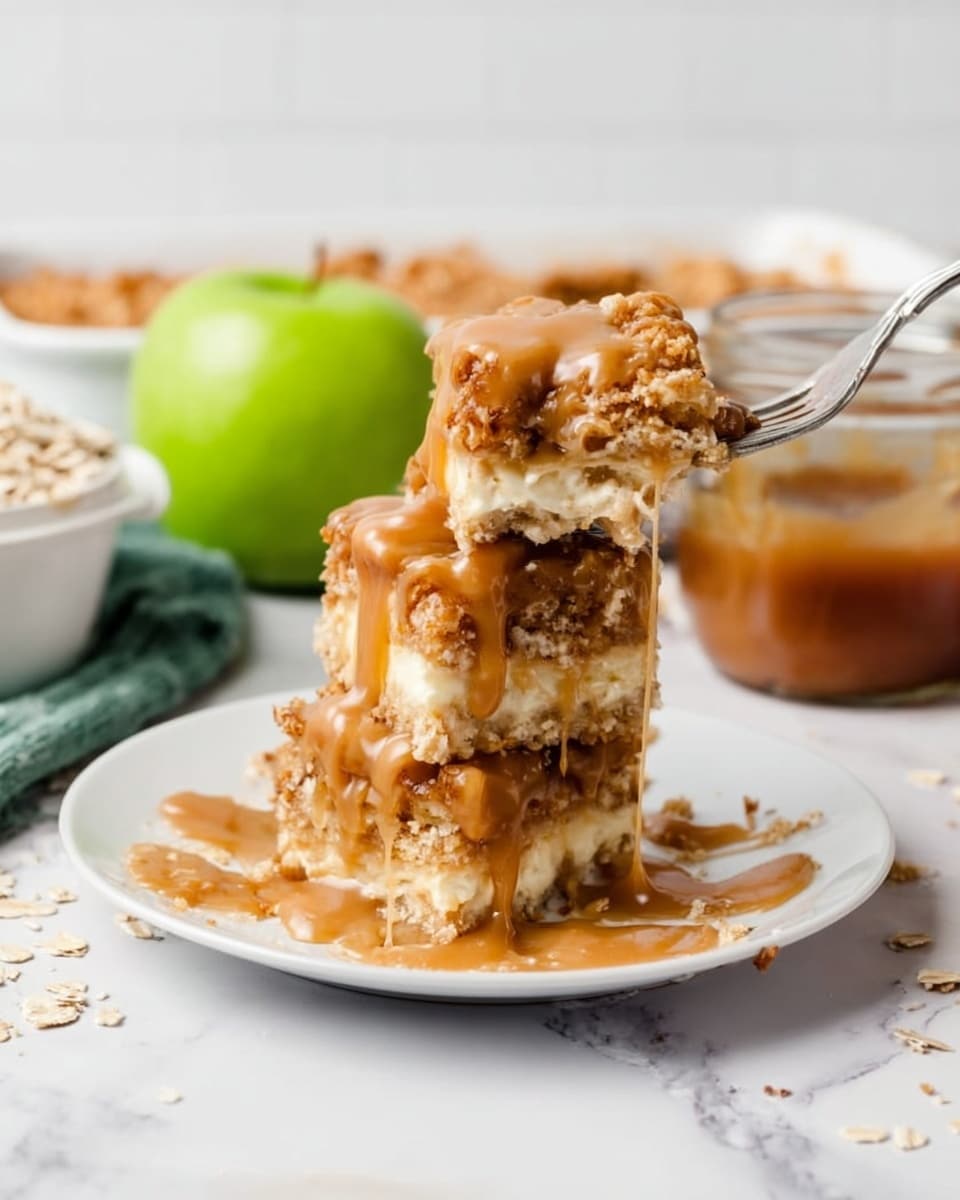 A stack of three square bars is placed on a white plate on a white marbled surface. Each bar has three visible layers: a crumbly light brown base, a creamy white middle, and a crumbly light brown top layer. The bars are generously drizzled with a smooth, golden caramel sauce that flows down the sides and pools slightly on the plate. In the blurred background, there is a green apple and a jar filled with crumbly topping. The image captures the moist and rich texture of the bars, with crumbs scattered around on the plate. photo taken with an iphone --ar 4:5 --v 7