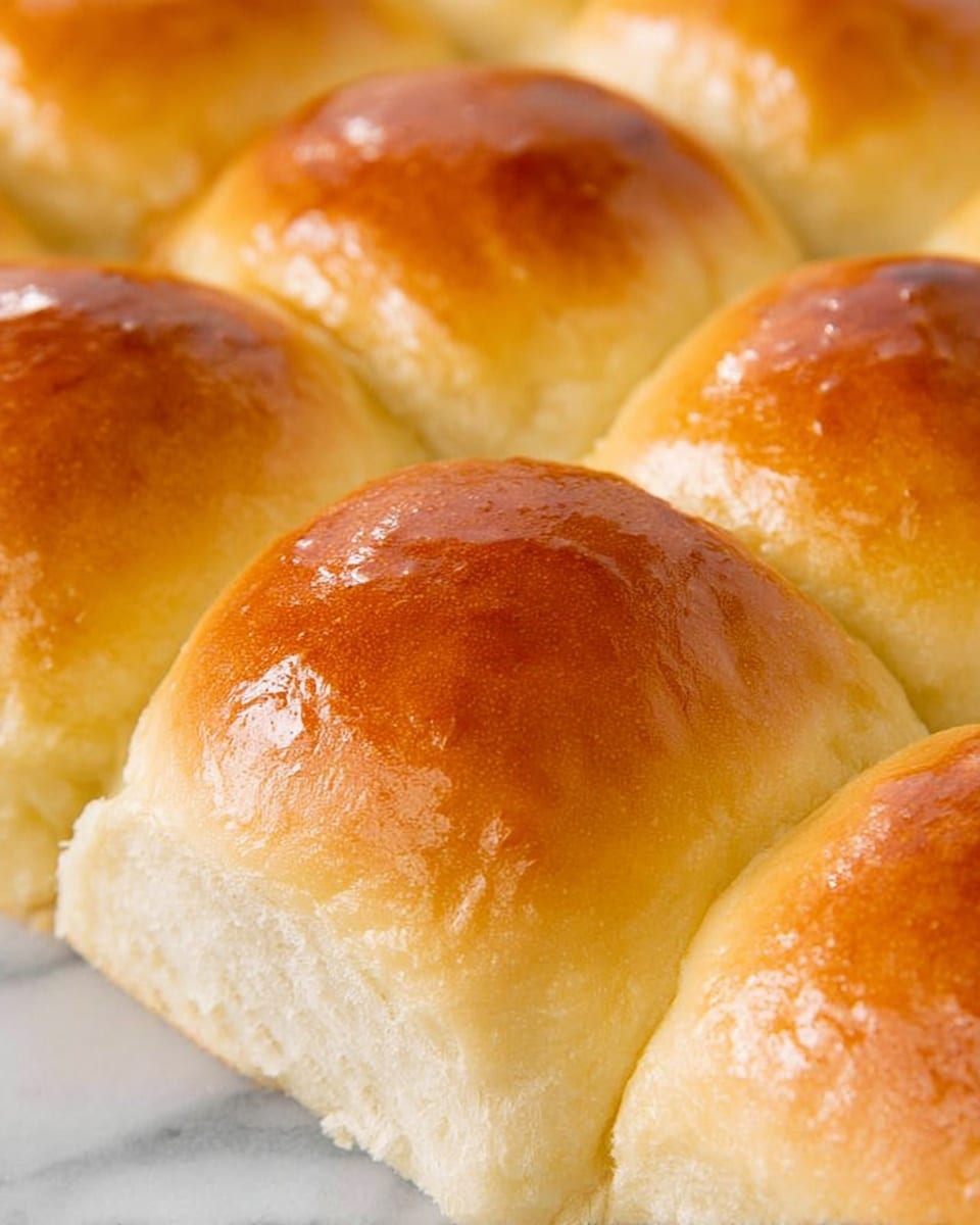 The image shows a close-up of a group of nine soft bread rolls, arranged closely in three rows and three columns on a white marbled surface. The rolls have a smooth, shiny golden brown top layer with a slight glossy texture indicating a light brushing of butter or egg wash, while the sides and bottom layers are pale cream with a fluffy, soft texture. The rolls touch each other gently, creating soft curves where they meet. The focus is on the tops and upper sides of the rolls, highlighting their light, airy quality. photo taken with an iphone --ar 4:5 --v 7