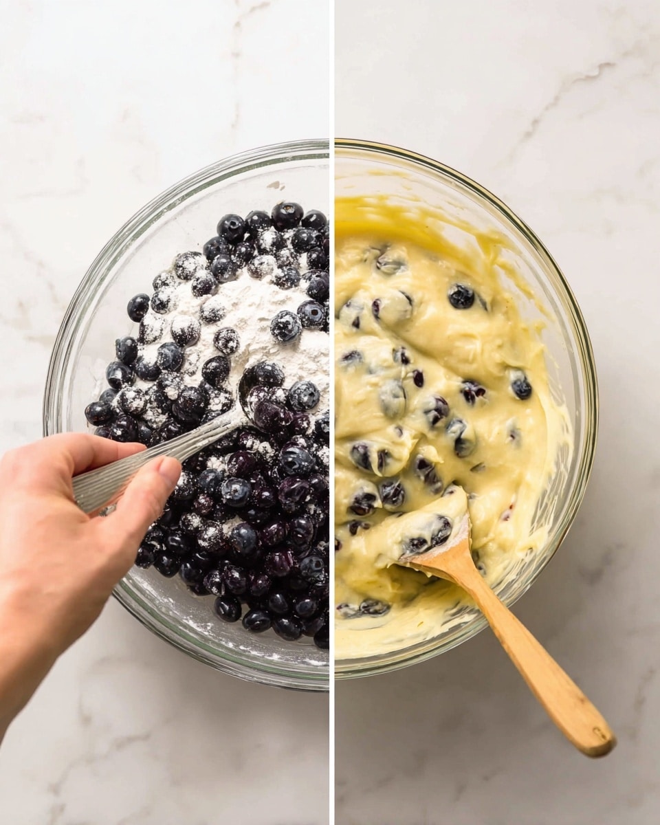 The image is split into two parts showing a blueberry mixture preparation in a clear glass bowl. On the left, the bowl holds whole, dark blue blueberries topped with a white powdery flour, with a woman's hand stirring them with a silver spoon against a white marbled background. On the right, the same bowl shows a creamy light yellow batter mixed with the blueberries, with a wooden spoon partially visible stirring the mixture, also set on the white marbled background. photo taken with an iphone --ar 4:5 --v 7