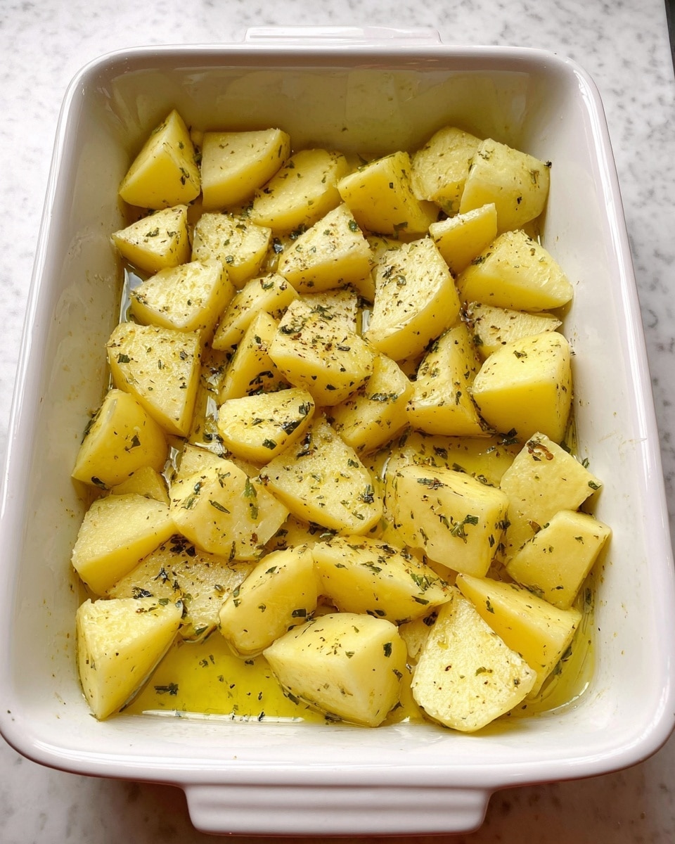 The image shows a white rectangular baking dish filled with several pieces of peeled and chopped yellow potatoes. The potatoes are cut into chunky irregular shapes and are spread out evenly inside the dish. A light layer of oil mixed with small bits of dried herbs covers the potatoes, giving them a slight shine. The dish is placed on a white marbled surface. Photo taken with an iphone --ar 4:5 --v 7