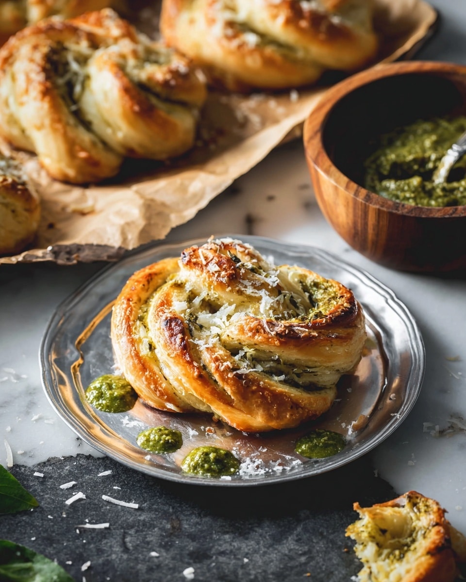 A twisted pastry with three visible layers of golden-brown dough and green pesto filling sits on a shiny silver plate, sprinkled with white grated cheese, with dollops of green pesto sauce around it; in the background, more pastries rest on brown parchment paper, showing a similar twisted shape and golden crust; to the right, a wooden bowl filled with chunky green pesto sauce has a spoon inside; the surface is dark with scattered bits of grated cheese, and a piece of pastry is broken off nearby; the whole scene is set on a white marbled texture photo taken with an iphone --ar 4:5 --v 7