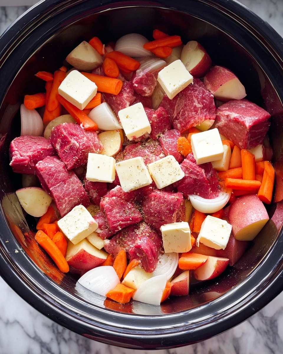 A close-up view of a black slow cooker filled with a mix of raw ingredients. The bottom layer consists of thin baby orange carrots, scattered white onion slices, and red potato wedges with skin on. On top of this, there are chunks of raw red meat spread unevenly across the cooker. Finally, several small square pats of white butter are placed evenly over the meat and vegetables. The overall mix shows a variety of colors: bright orange, red, white, and pinkish red. The background is a white marbled texture. photo taken with an iphone --ar 4:5 --v 7
