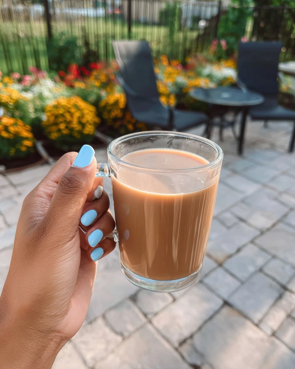 A clear glass cup filled halfway with light brown milky tea is held by a woman's hand with light blue nail polish. The cup has a transparent handle and shows slight steam on the glass surface. The background includes a stone tile patio with two black chairs and a garden bed full of green plants and bright yellow and red flowers blurred in the distance. photo taken with an iphone --ar 4:5 --v 7
