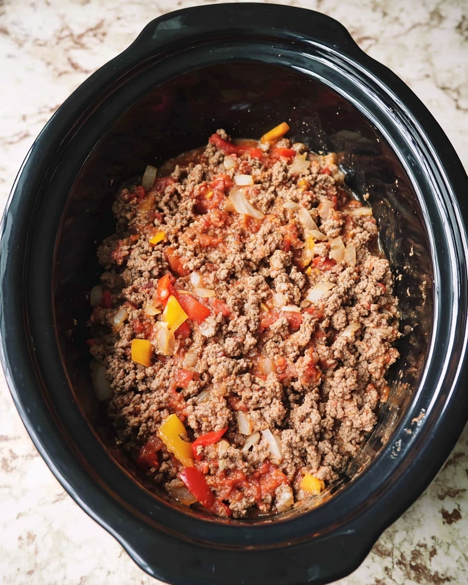 A black slow cooker filled with a single thick layer of cooked ground meat mixed with softened diced onions spread evenly on top of bright red and yellow bell pepper pieces that peek through at the bottom, all set against a white marbled texture surface photo taken with an iphone --ar 4:5 --v 7
