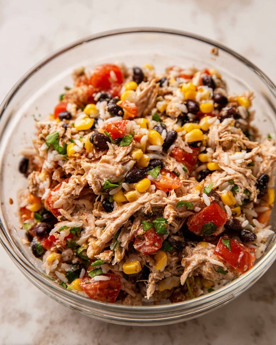 A clear glass bowl holds a colorful mixed dish with visible shredded light brown chicken pieces as the main layer, mixed with white rice grains, yellow corn kernels, black beans, and chunks of red tomatoes. Small green herbs are scattered throughout, adding a fresh look. The textures vary from soft shredded chicken to the smooth, round beans and juicy tomato pieces. The bowl rests on a white marbled surface. photo taken with an iphone --ar 4:5 --v 7