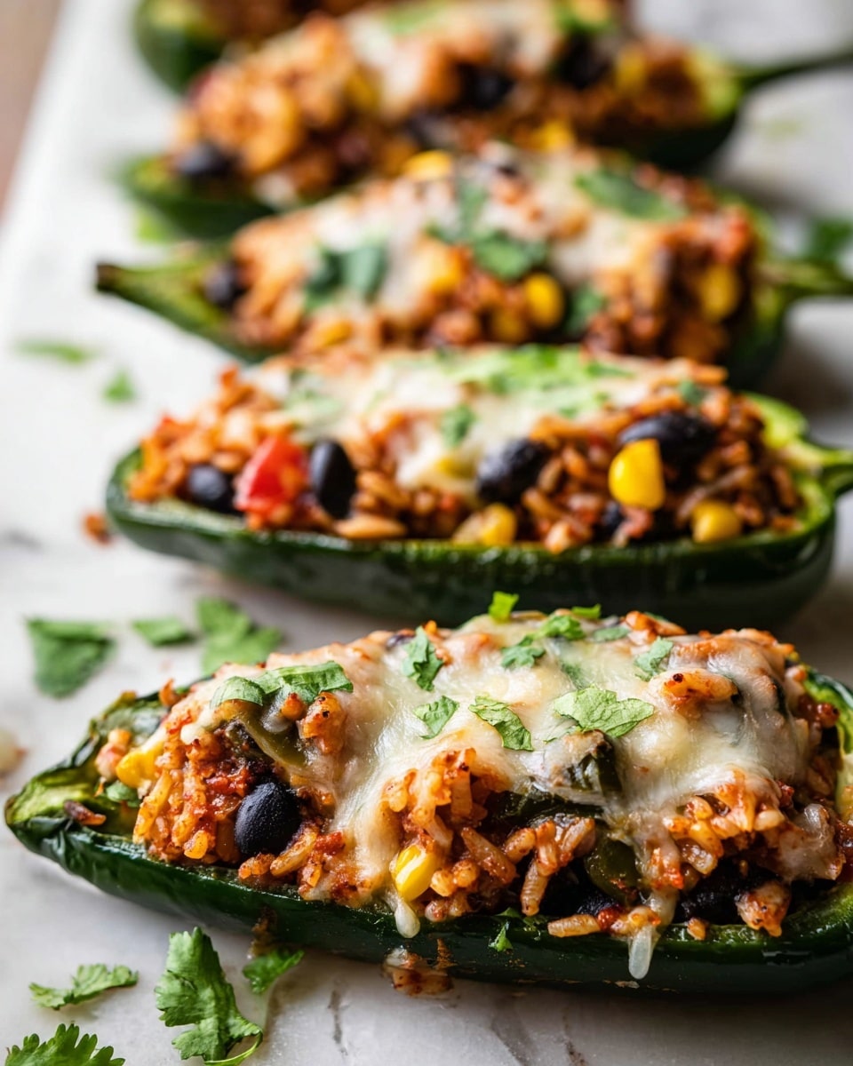 A row of dark green jalapeño halves lies on a white marbled surface, each filled with a mix of brownish rice, black beans, yellow corn kernels, and red tomato pieces. The filling is topped with melted white cheese that has browned slightly in spots. Small green cilantro leaves are scattered on top for garnish. The jalapeño shells create a vibrant contrast with their dark green color against the white marbled background, and the cheese topping adds a creamy texture with some bubbling details. Photo taken with an iphone --ar 4:5 --v 7