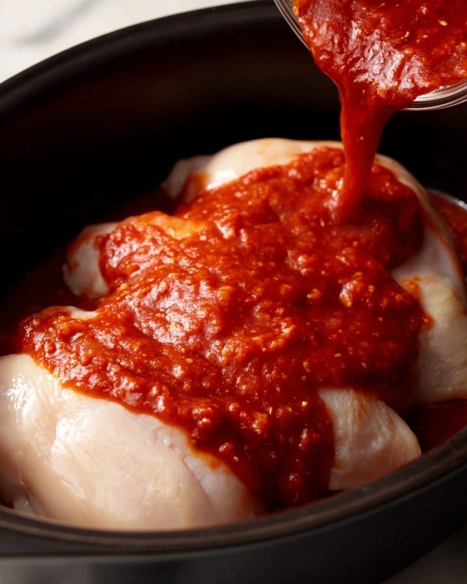 The image shows a close-up of four smooth, pale pieces of raw chicken layered evenly at the bottom of a black pot. A thick, chunky red sauce with visible bits of garlic and spices is being poured over the chicken, fully covering the top layer. The sauce has a shiny texture and looks rich and fresh. The entire scene is focused tightly on the filling process, emphasizing the contrast between the pale chicken and the bright red sauce, placed on a white marbled surface. photo taken with an iphone --ar 4:5 --v 7