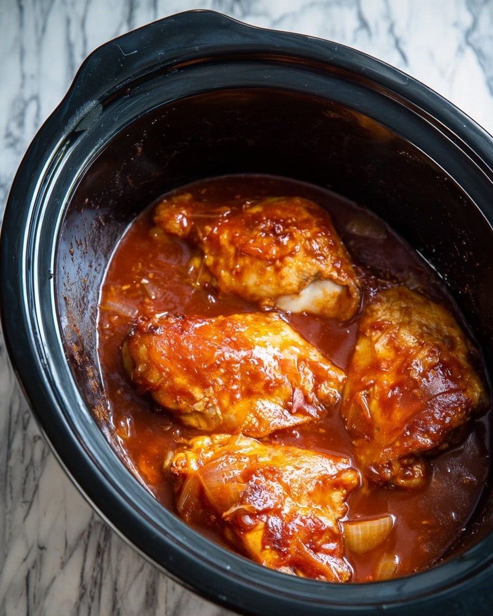 The image shows a black slow cooker filled with three cooked chicken pieces covered in a thick, reddish-brown sauce. The chicken pieces have a slightly browned and glazed surface with some bits of cooked onion visible in the sauce. The sauce has a shiny, slightly chunky texture and spreads evenly around the chicken inside the cooker. The background is a white marbled surface. photo taken with an iphone --ar 4:5 --v 7