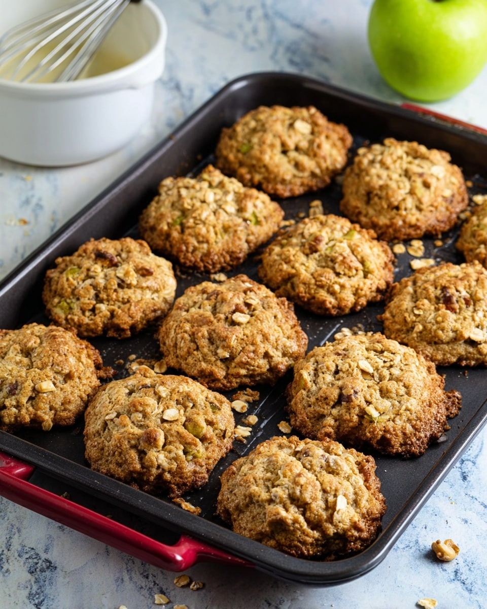 A dark baking tray holds ten round, golden-brown cookies with a rough, crumbly texture. The cookies have visible pieces of oats and nuts on the surface, giving them a chunky, uneven look. They are spread evenly across the tray with some crumbs scattered around them. In the background, there is a white bowl with a whisk and a green apple against a white marbled texture. The tray has red silicone handles on the sides. photo taken with an iphone --ar 4:5 --v 7