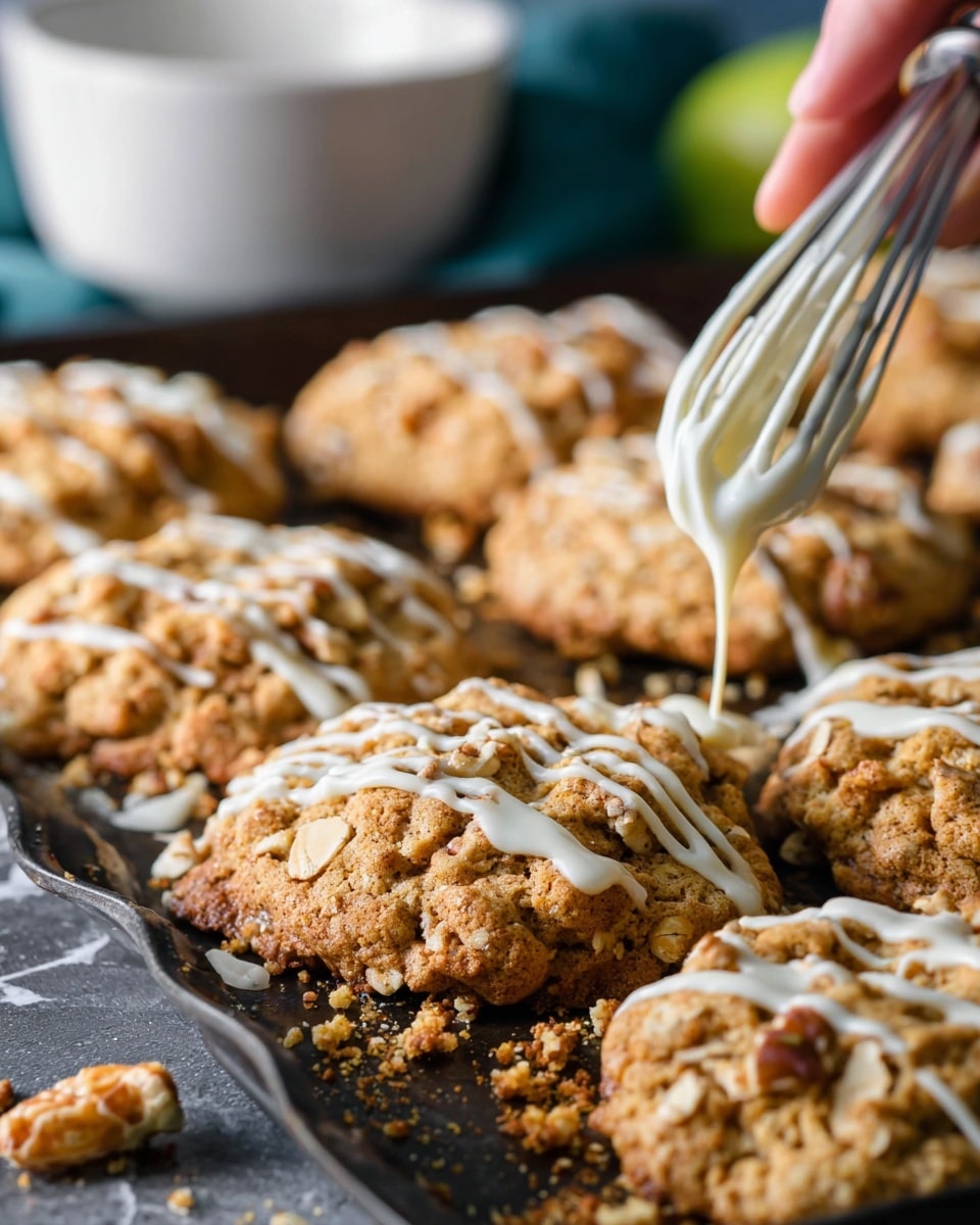 The image shows a dark baking tray filled with golden brown oatmeal cookies that have a rough, crumbly texture with visible oats and small pieces of nuts. A woman's hand holding a whisk drizzles white icing in thin lines over one of the cookies near the center, creating a shiny contrast against the cookie's matte surface. Around the tray, crumbs and broken bits of cookies scatter, enhancing the rustic appeal. In the blurred background, a white bowl sits on a white marbled surface, hinting at the preparation process. The lighting highlights the crunchy texture and warm tones of the cookies, making them look fresh and inviting photo taken with an iphone --ar 4:5 --v 7