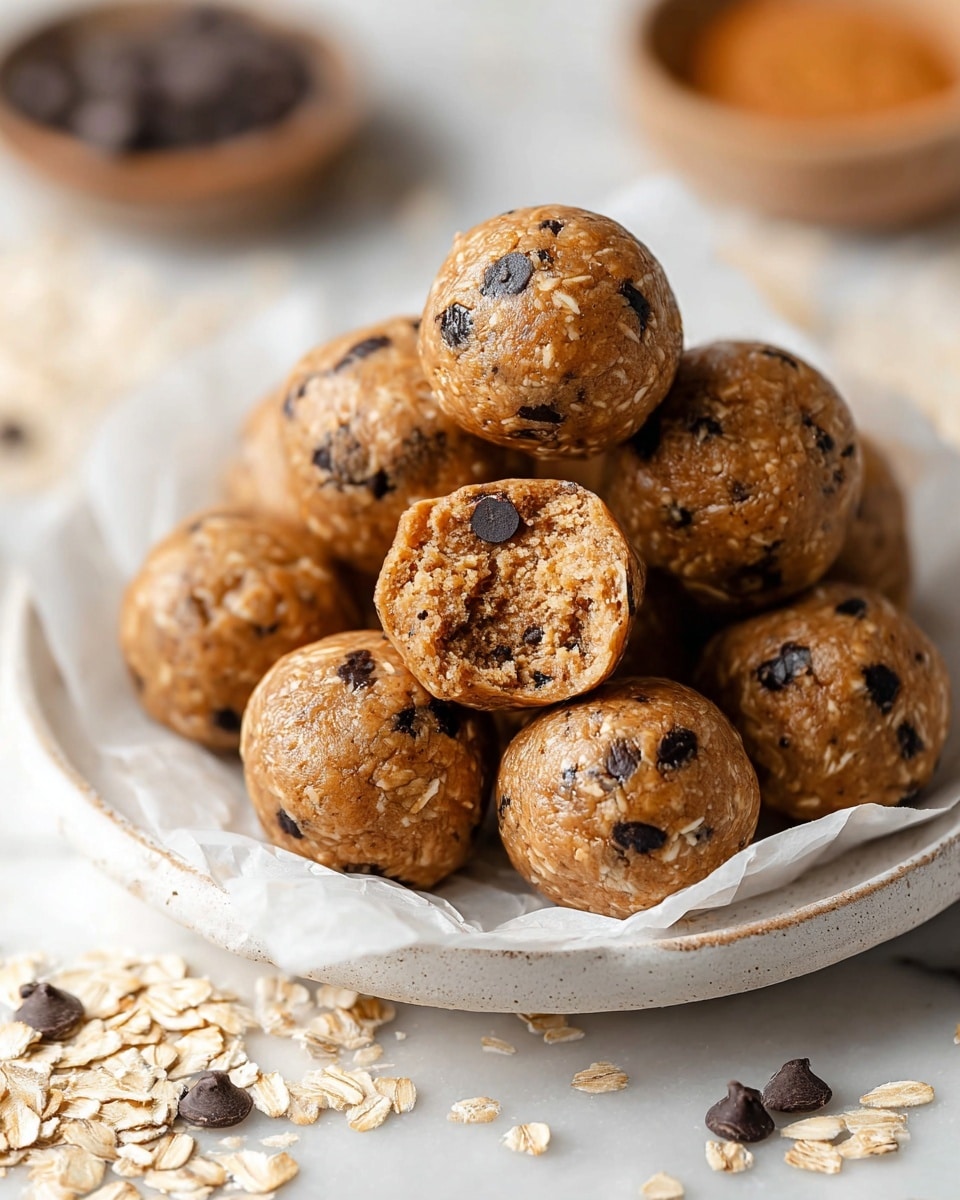 The image shows a group of round energy balls with a light brown color mixed with small dark chocolate chips scattered inside. There are about ten balls stacked on a piece of white parchment paper placed on a white plate. One energy ball is in the center with a bite taken to show the soft, crumbly inside texture filled with chocolate chips. Around the plate, there are scattered oats and chocolate chips on a white marbled surface. The background is softly blurred, focusing on the balls stacked in the center. photo taken with an iphone --ar 4:5 --v 7