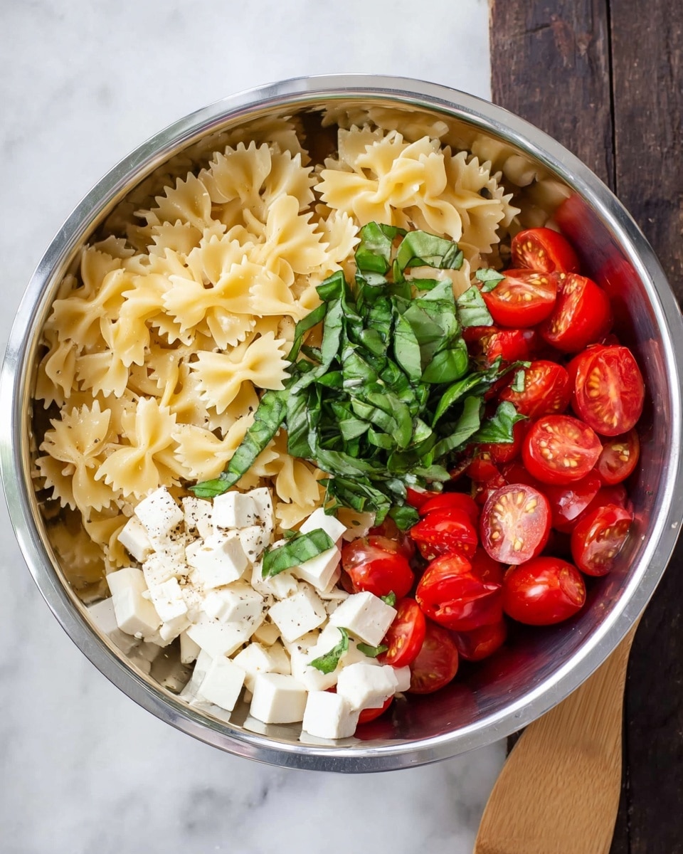 A metal bowl holds four separate layers of ingredients arranged side by side. The first layer is light yellow bow-tie pasta with a slight shine and small black pepper sprinkles on top. Next to it is a layer of white, soft mozzarella cheese cut into small cubes. Beside the cheese is a pile of fresh, bright green basil leaves, sliced into thin strips. The last layer is made up of shiny, red cherry tomatoes, some whole and some cut in half, showing their juicy insides. The bowl is placed on a white marbled surface with a wooden cooking spoon nearby. Photo taken with an iphone --ar 4:5 --v 7