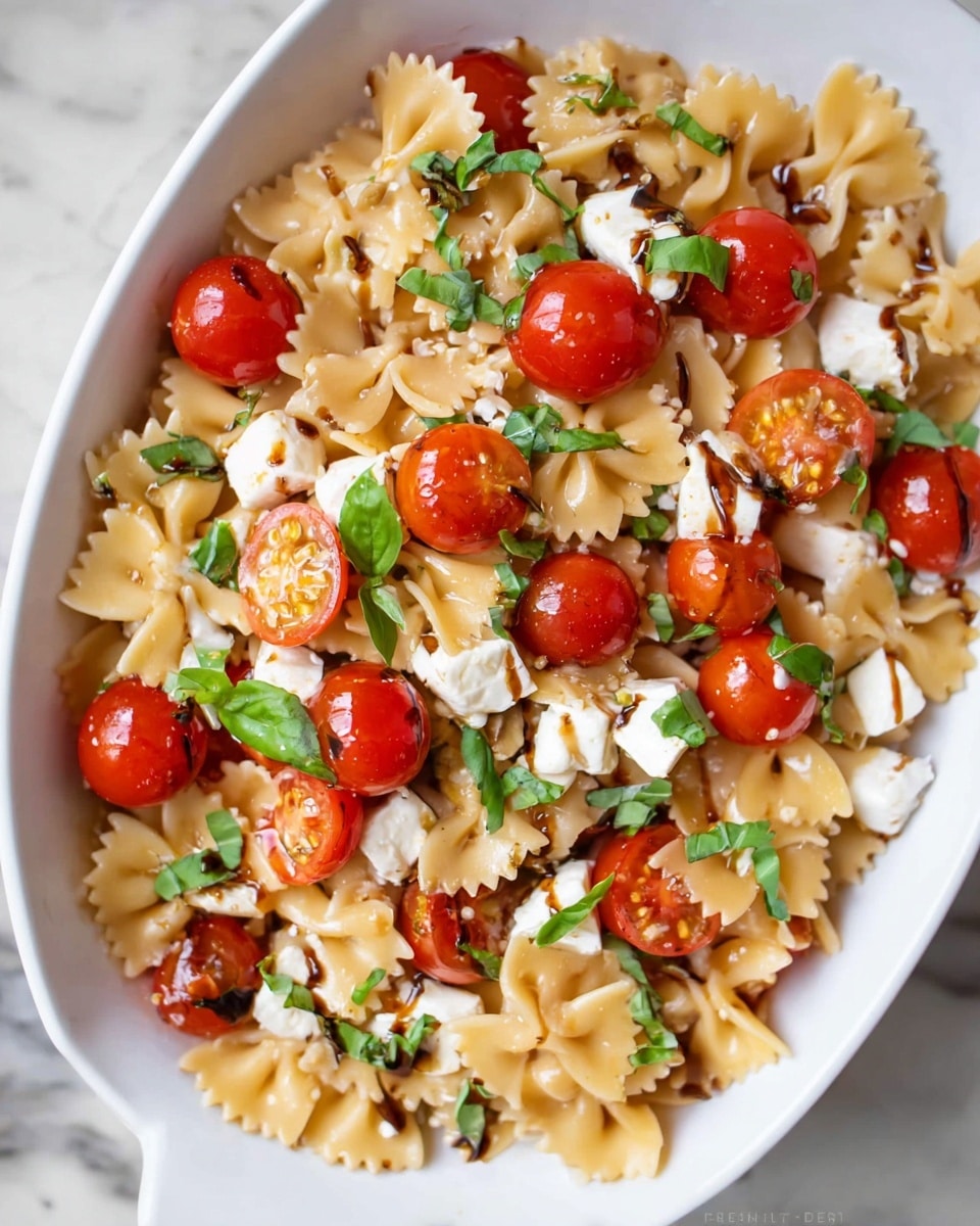 A white bowl filled with farfalle (bow tie) pasta as the base layer, light golden-beige in color with a soft texture. Scattered on top are bright red cherry tomatoes, some whole and some sliced in halves showing juicy interiors. Small chunks of white mozzarella cheese are spread evenly, giving a creamy look. Fresh green basil leaves, both whole and shredded, are sprinkled over everything. The dish is lightly drizzled with a brown balsamic glaze adding a shiny touch and slight color contrast. The bowl is placed on a white marbled surface. photo taken with an iphone --ar 4:5 --v 7