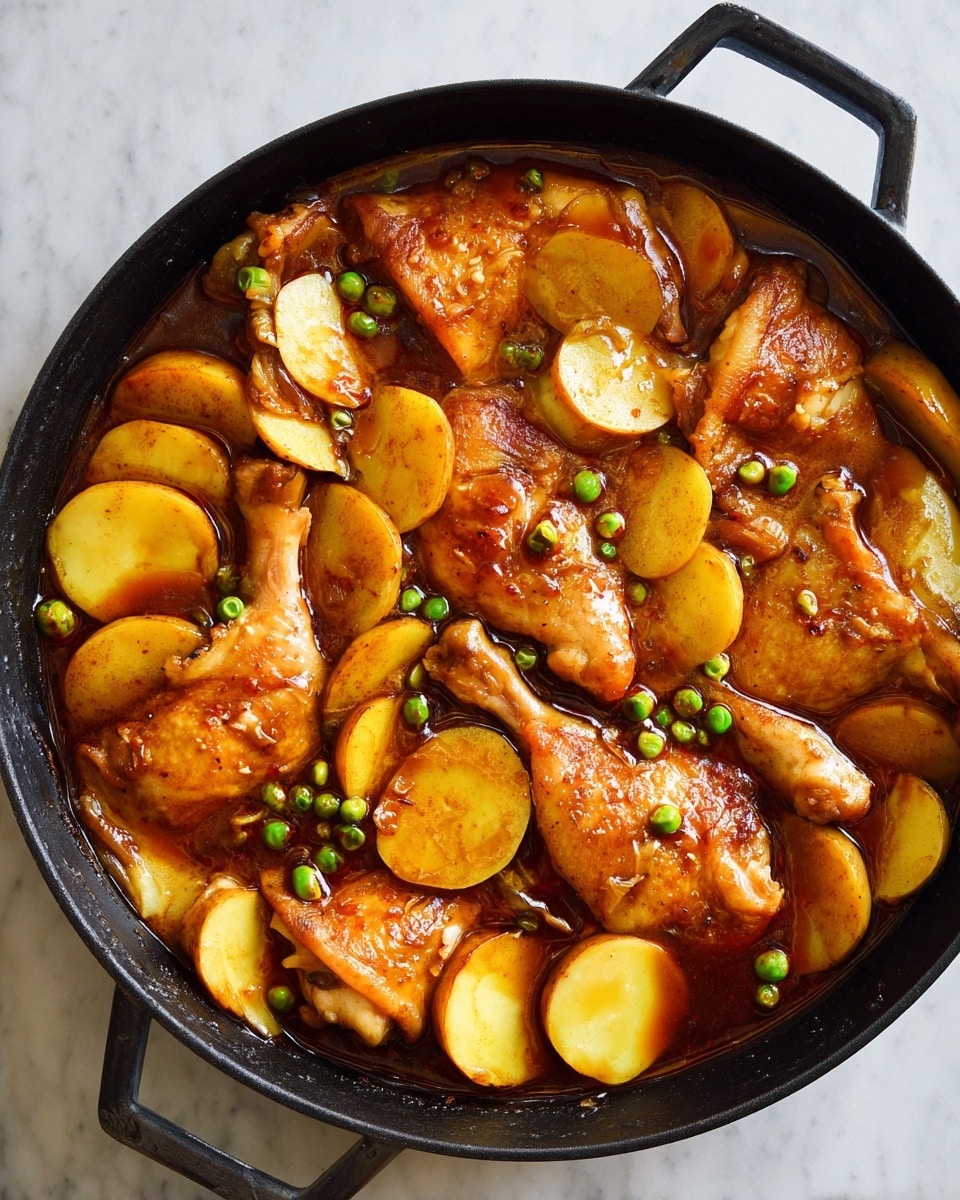 A black cast iron pan filled with several thick, light brown cooked meat pieces spread evenly inside. Surrounding the meat are many grainy, soft yellow potato slices with light brown edges and small green peas scattered among the potatoes. The whole dish is covered in a shiny, thick, dark reddish-brown sauce that pools gently around the ingredients, creating a rich glossy texture. The pan has short handles and rests on a white marbled surface. photo taken with an iphone --ar 4:5 --v 7