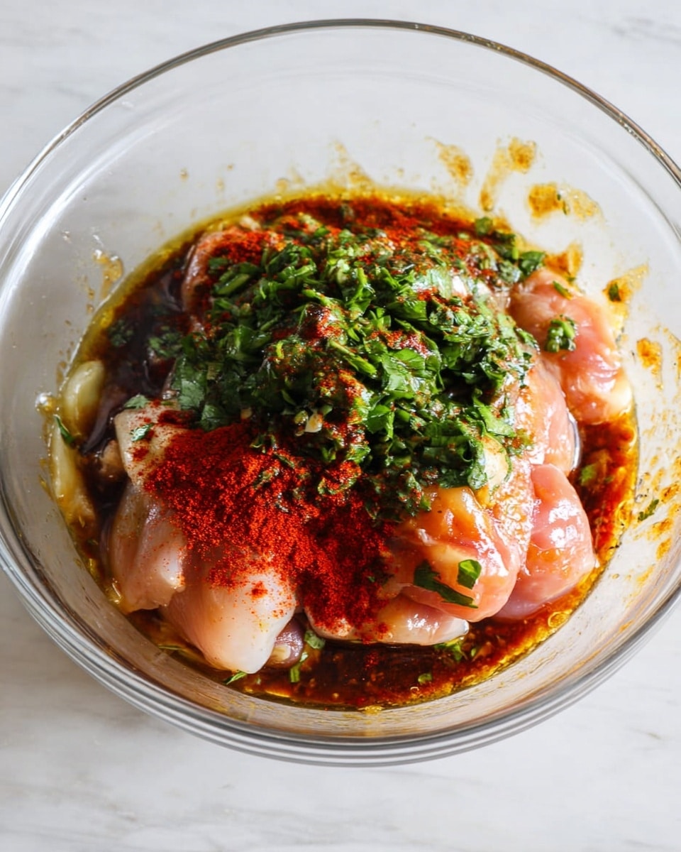 A clear glass bowl sits on a white marbled surface, filled with several pale pink raw chicken pieces at the bottom. On top, there is a generous sprinkle of bright red paprika powder, a pile of fresh, chopped green herbs, and a thick, dark brown sauce drizzled over everything. The bowl also has a sheen of golden oil around the edges, mixing slightly with the spices and sauce, creating a rich, colorful layer of marinade. photo taken with an iphone --ar 4:5 --v 7