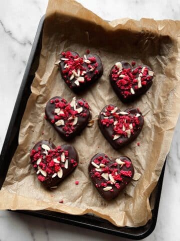 Chocolate Coated Date Hearts with Strawberries, Almonds, and Sea Salt Recipe