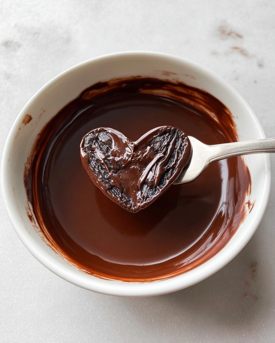 A white bowl filled with smooth, glossy dark brown melted chocolate covers most of the inside. In the middle, a fork holds a raisin shaped like a heart, half dipped in the chocolate, showing its wrinkled, dark purple surface with a shiny chocolate coating dripping slightly. The bowl rests on a white marbled surface, and some melted chocolate stains the inner sides of the bowl. Photo taken with an iphone --ar 4:5 --v 7