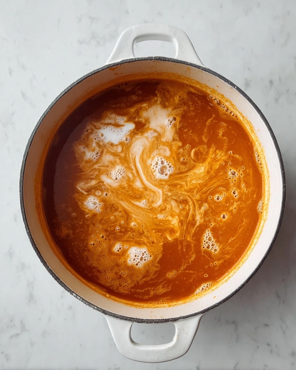 A white pot with two handles holds a soup with deep orange and reddish broth swirled with cream, creating soft, light beige patterns on the surface. The soup's texture looks smooth, with some small bubbles and frothy spots near the edges. The pot sits on a white marbled surface, and the photo is taken from above, showing the round shape of the pot and the creamy swirl detail inside. photo taken with an iphone --ar 4:5 --v 7