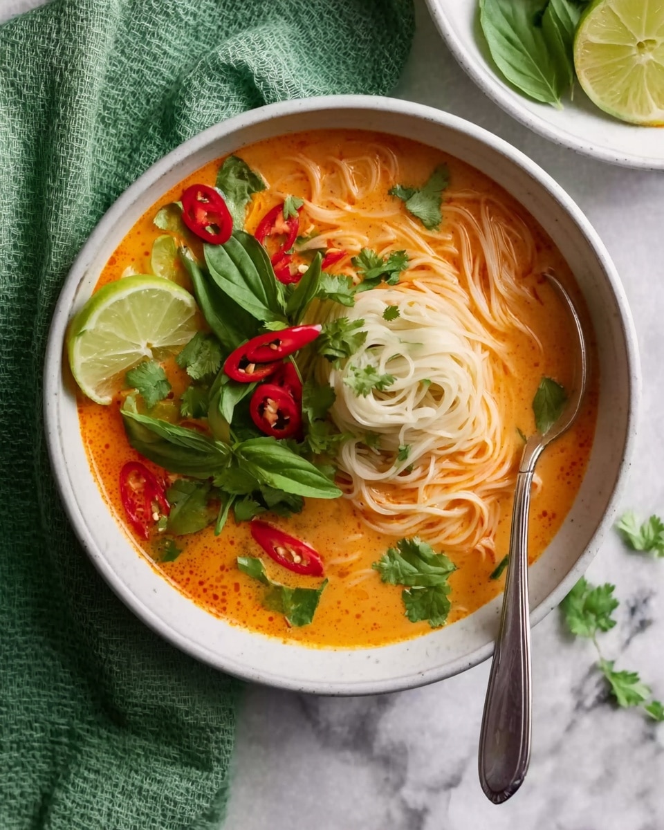 A white bowl filled with a bright orange soup as the base layer, topped with a neat nest of pale, thin noodles in the center. Fresh green basil and cilantro leaves are scattered around the noodles, with small slices of red chili peppers placed on top and around for a pop of color. There are wedges of pale green lime floating in the soup near the edges. A silver spoon rests on the right side inside the bowl. The bowl is set on a white marbled surface with a green cloth napkin folded to the left. Photo taken with an iphone --ar 4:5 --v 7