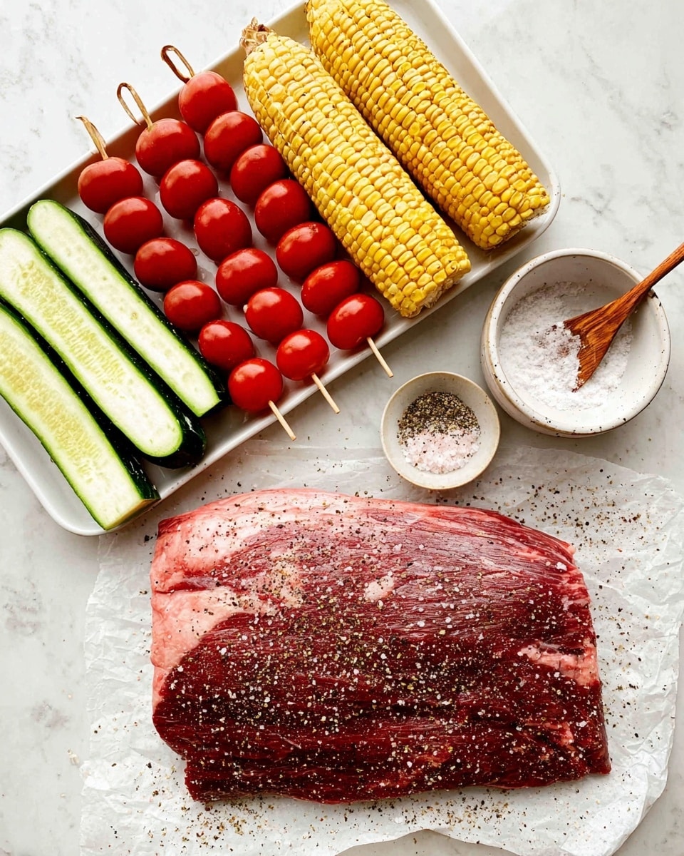 A large raw beef piece lies flat on white parchment paper with visible fat and a red, marbled texture, sprinkled with coarse ground black pepper and salt. Above it is a white rectangular tray holding three rows of vegetables: the first row has long thick cucumber slices with green skin and pale green insides, the second row contains two wooden skewers lined with bright red cherry tomatoes, and the third row shows two yellow corn on the cob ears with some light seasoning. To the right of the meat, there is a small white bowl with coarse salt and a wooden spoon inside it, and a smaller white dish with more ground black pepper. The whole scene is on a white marbled surface. photo taken with an iphone --ar 4:5 --v 7