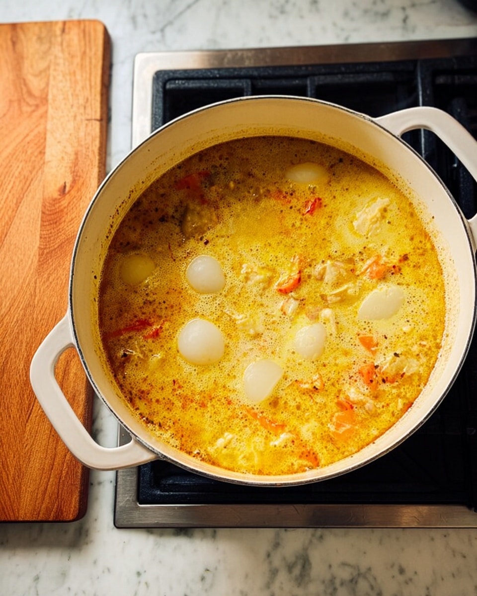 A large white pot filled with a bubbling creamy yellow broth with orange and red bits, likely vegetables or spices, with several pale white round shapes floating on the surface, placed on a stovetop burner with black grates, next to a wooden cutting board on a white marbled surface, steam rising from the pot showing the dish is hot and cooking photo taken with an iphone --ar 4:5 --v 7